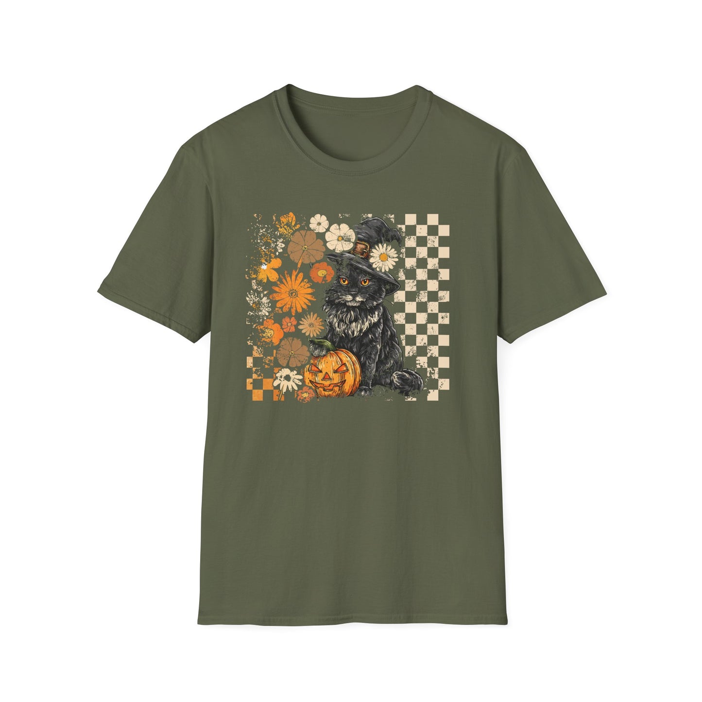 *Autumn-Inspired Unisex Softstyle T-Shirt, Cozy Fall Tee, Gift for Cat Lovers, Halloween Apparel, Floral Pumpkin Design