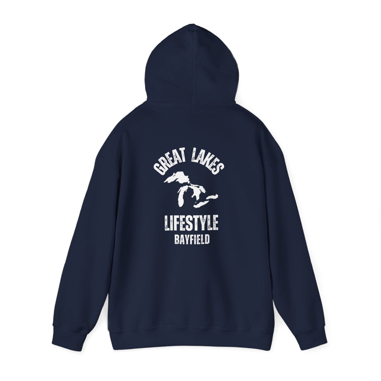 Great Lakes Lifestyle Hoodie, Design on Back, Bayfield