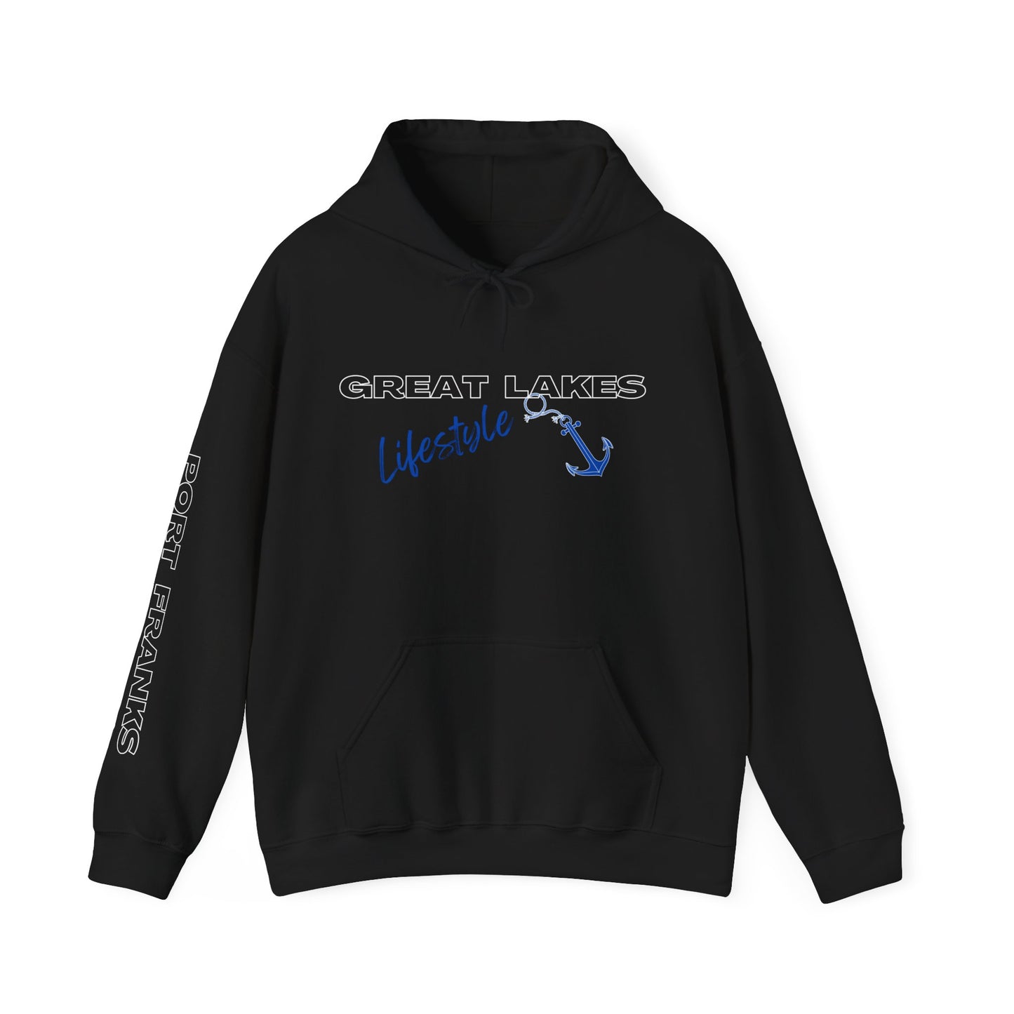 Great Lakes Lifestyle Hoodie, Anchor Design, Port Franks On Sleeve.