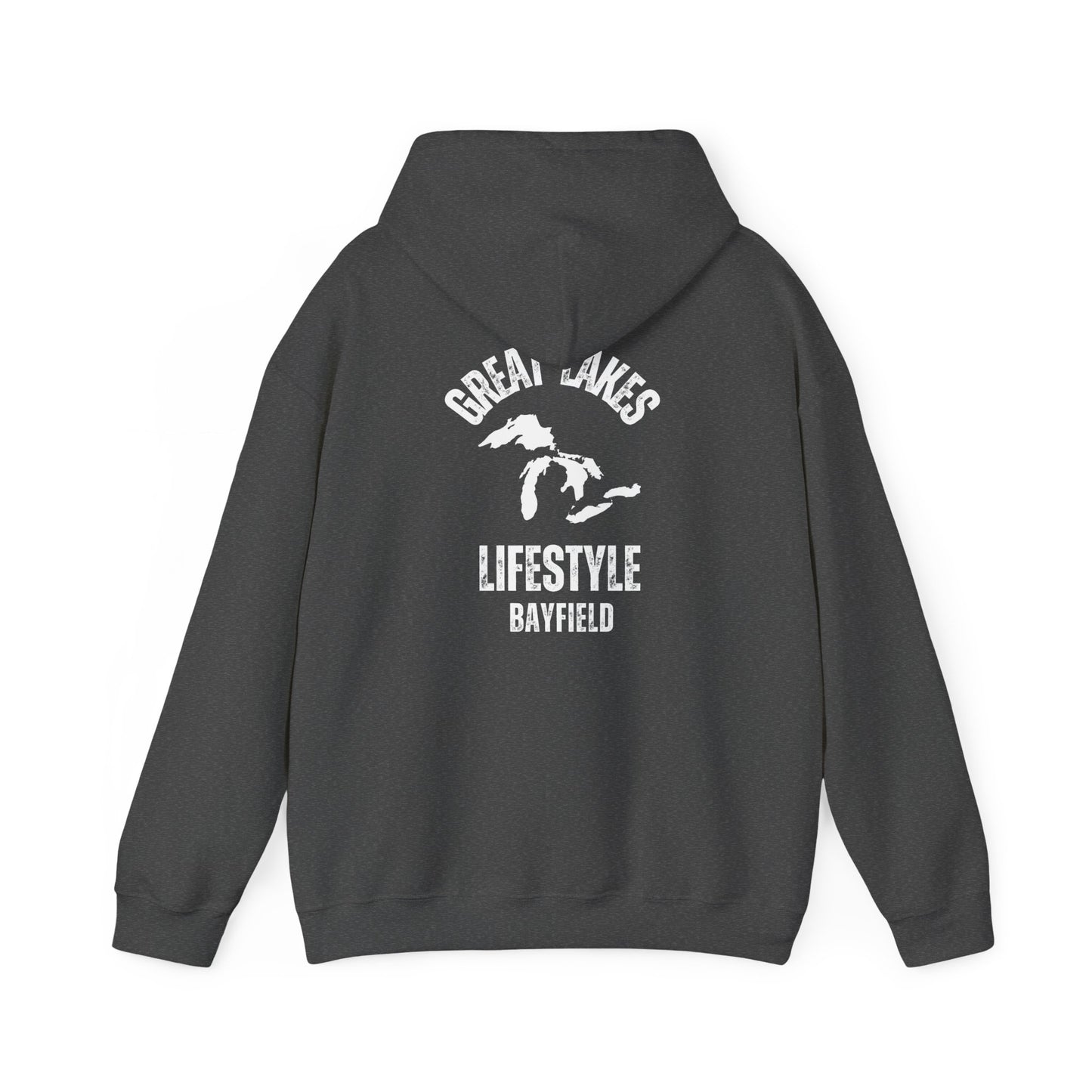 Great Lakes Lifestyle Hoodie, Design on Back, Bayfield