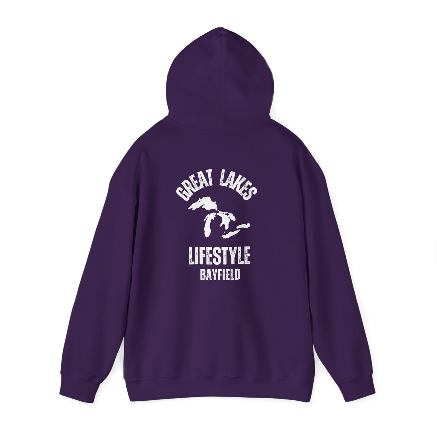 Great Lakes Lifestyle Hoodie, Design on Back, Bayfield