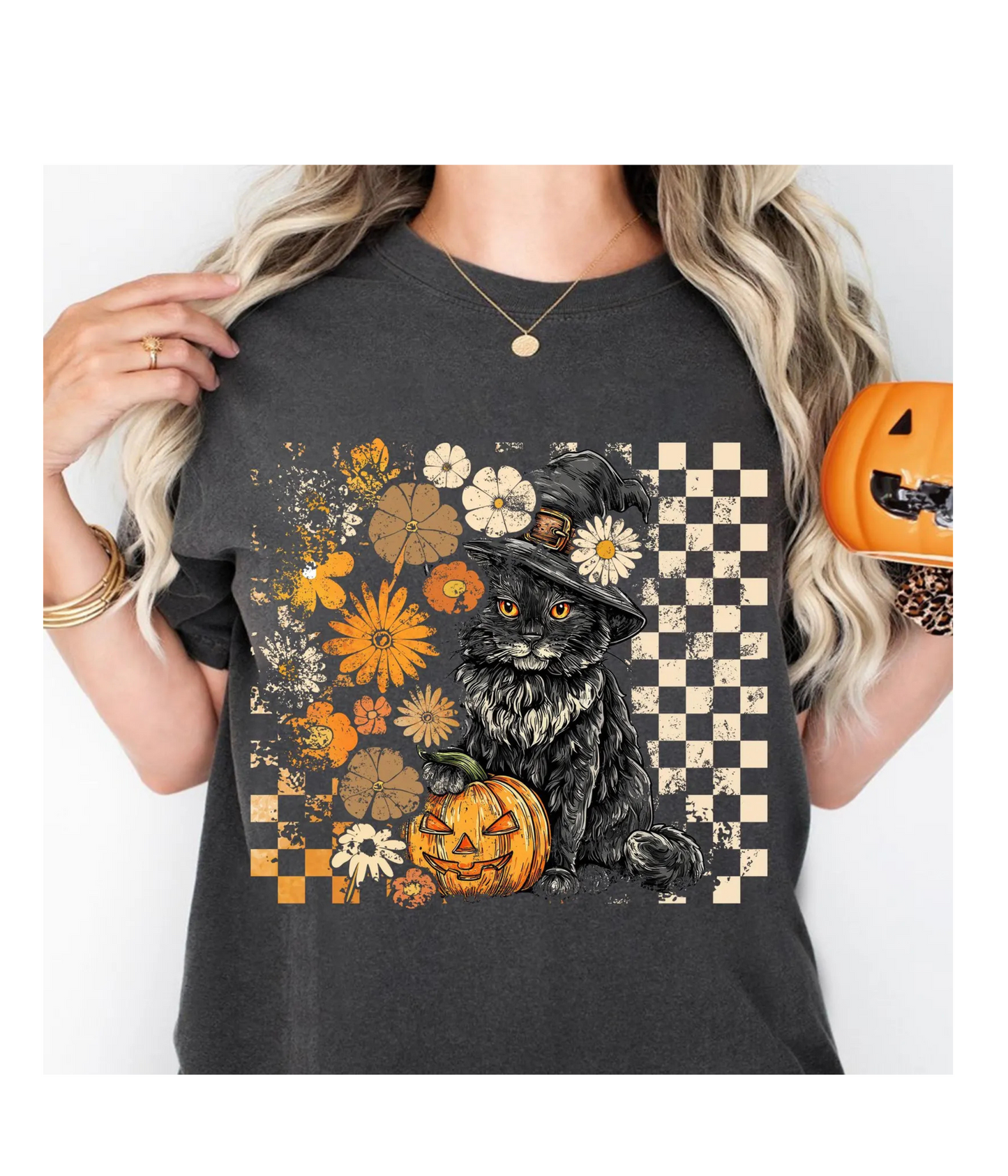 *Autumn-Inspired Unisex Softstyle T-Shirt, Cozy Fall Tee, Gift for Cat Lovers, Halloween Apparel, Floral Pumpkin Design