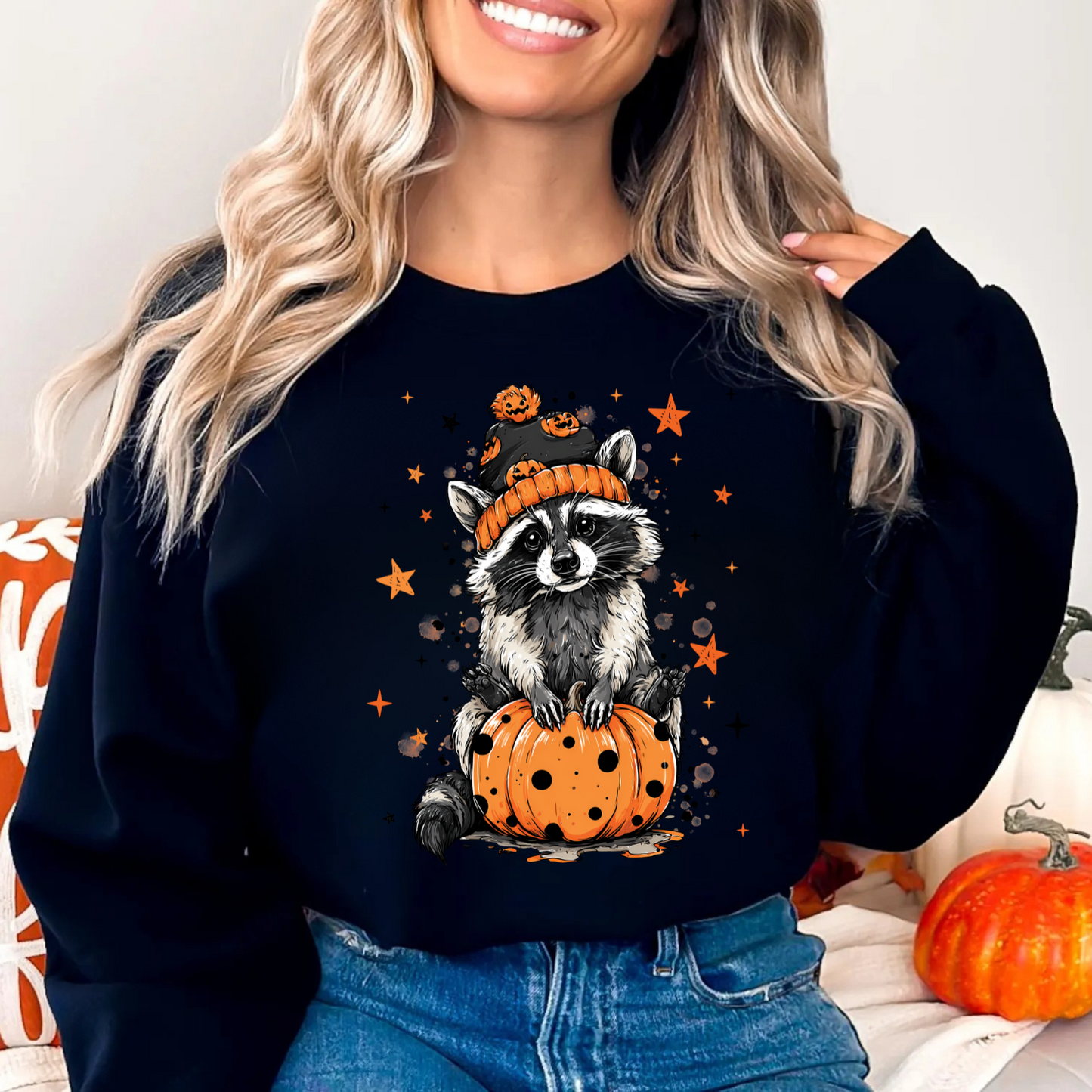 *Cozy Halloween Raccoon Sweatshirt | Unisex Fall Apparel, Gifts for Animal Lovers, Pumpkin Design, Casual Wear, Halloween Celebration