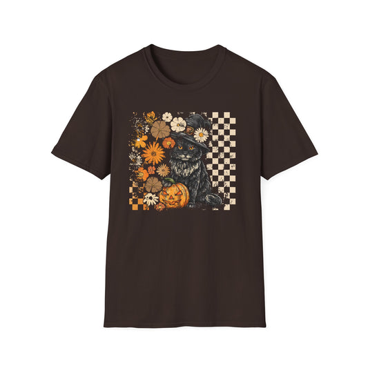 *Autumn-Inspired Unisex Softstyle T-Shirt, Cozy Fall Tee, Gift for Cat Lovers, Halloween Apparel, Floral Pumpkin Design