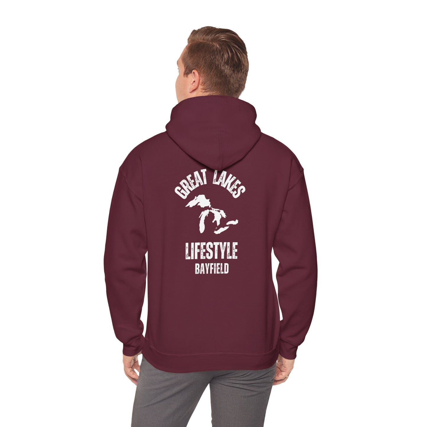 Great Lakes Lifestyle Hoodie, Design on Back, Bayfield