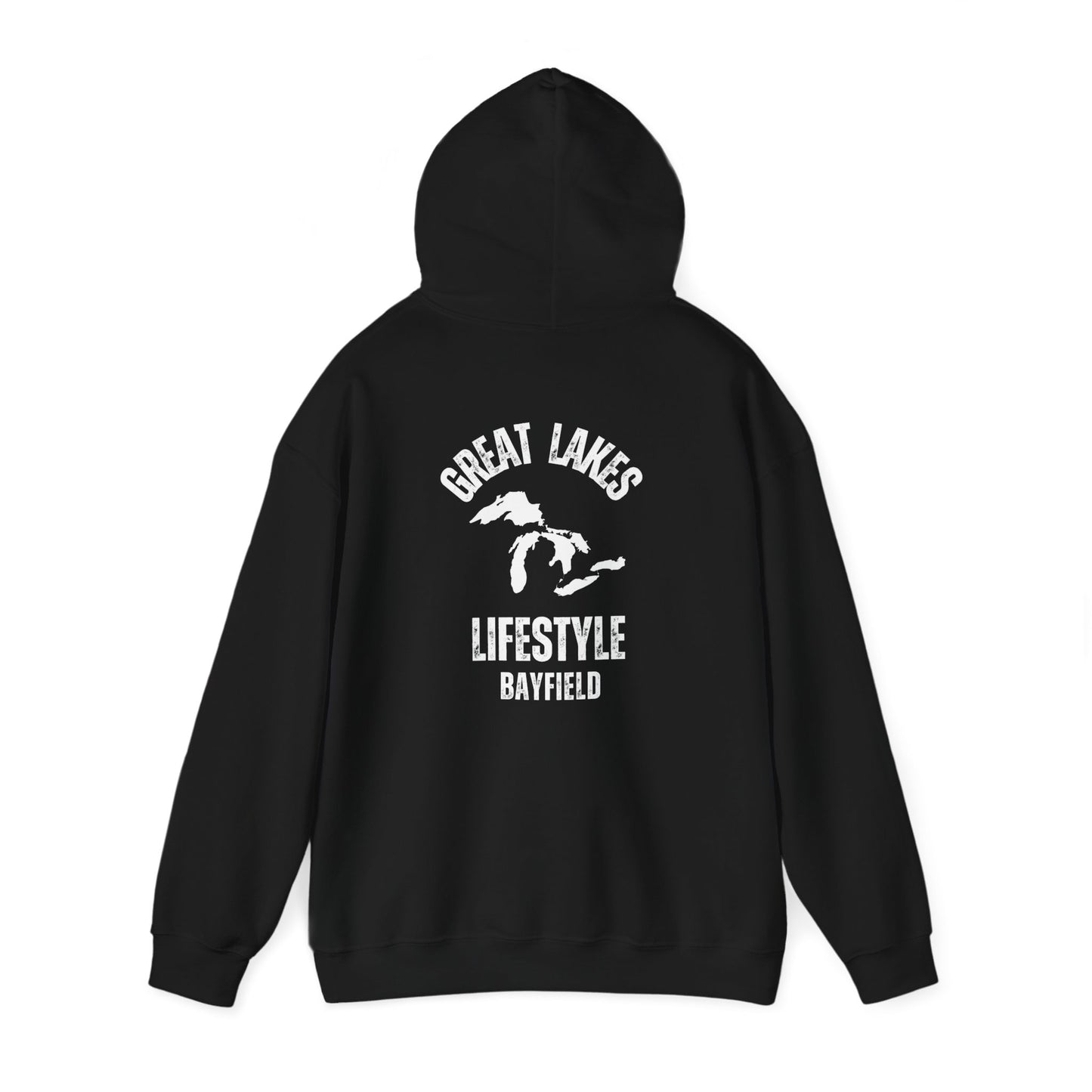 Great Lakes Lifestyle Hoodie, Design on Back, Bayfield
