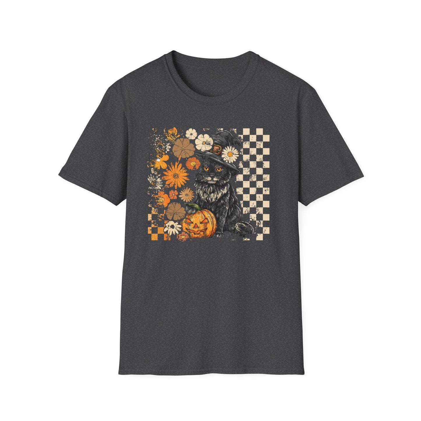 *Autumn-Inspired Unisex Softstyle T-Shirt, Cozy Fall Tee, Gift for Cat Lovers, Halloween Apparel, Floral Pumpkin Design