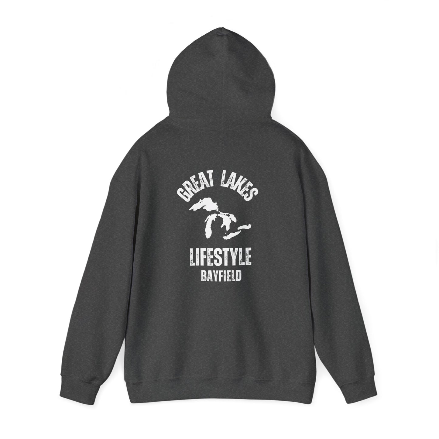 Great Lakes Lifestyle Hoodie, Design on Back, Bayfield