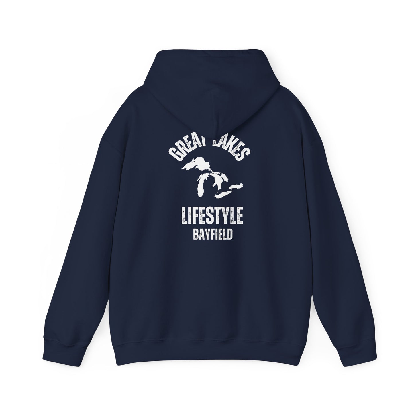 Great Lakes Lifestyle Hoodie, Design on Back, Bayfield