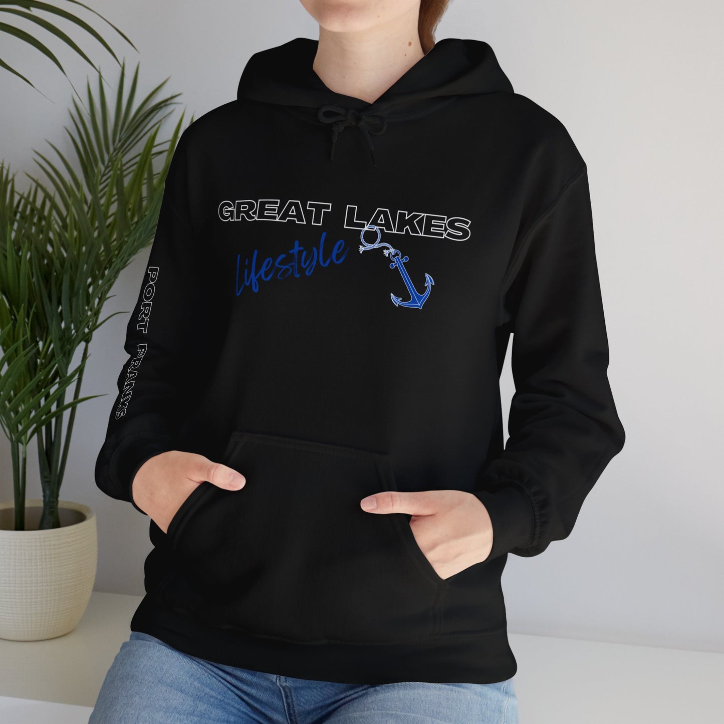 Great Lakes Lifestyle Hoodie, Anchor Design, Port Franks On Sleeve.