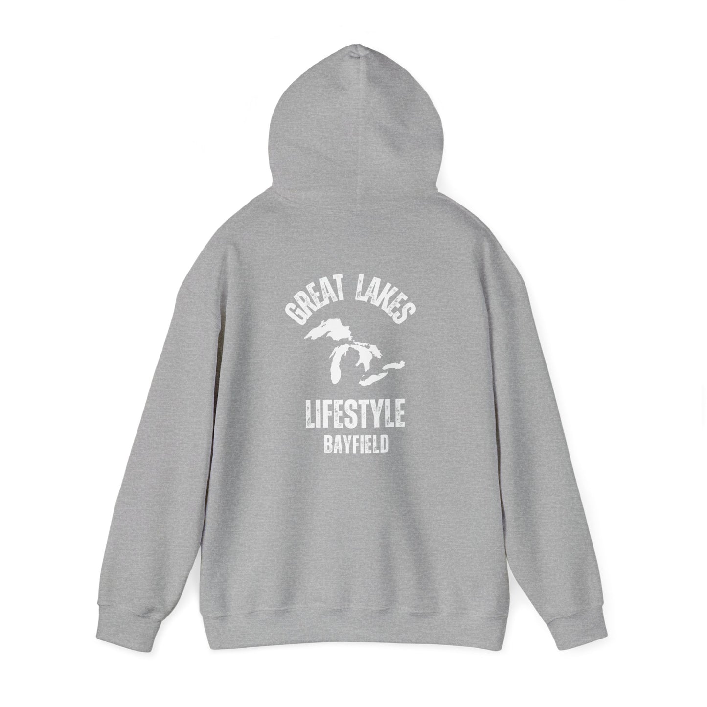 Great Lakes Lifestyle Hoodie, Design on Back, Bayfield