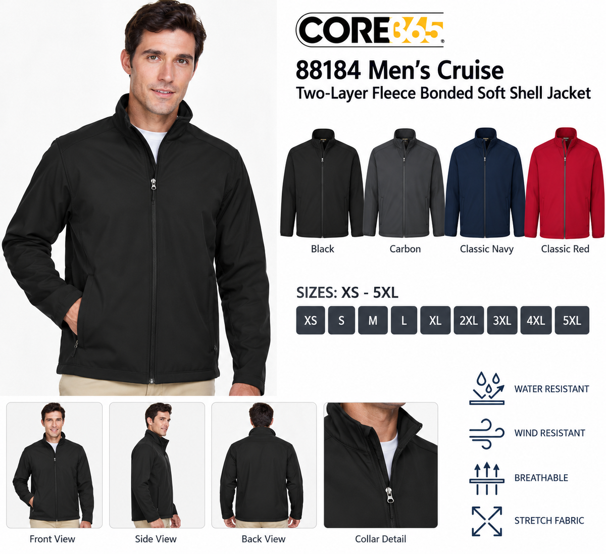 CORE365 88184 Men’s Cruise Two-Layer Fleece Bonded Soft Shell Jacket
