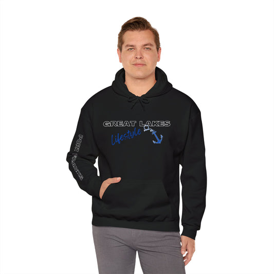 Great Lakes Lifestyle Hoodie, Anchor Design, Port Franks On Sleeve.