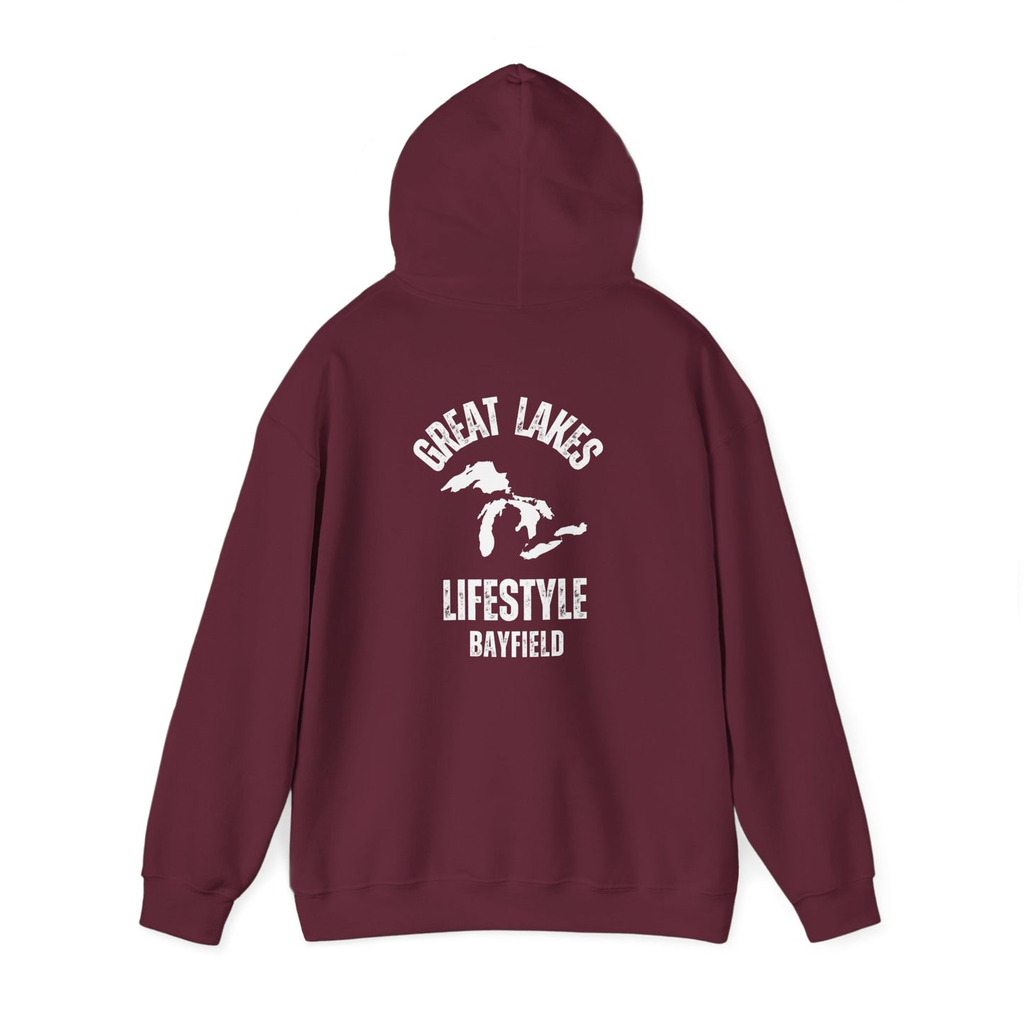Great Lakes Lifestyle Hoodie, Design on Back, Bayfield
