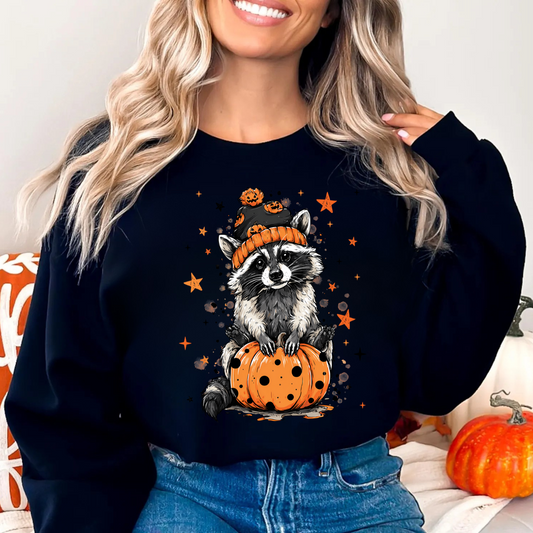 *Cozy Halloween Raccoon Sweatshirt | Unisex Fall Apparel, Gifts for Animal Lovers, Pumpkin Design, Casual Wear, Halloween Celebration
