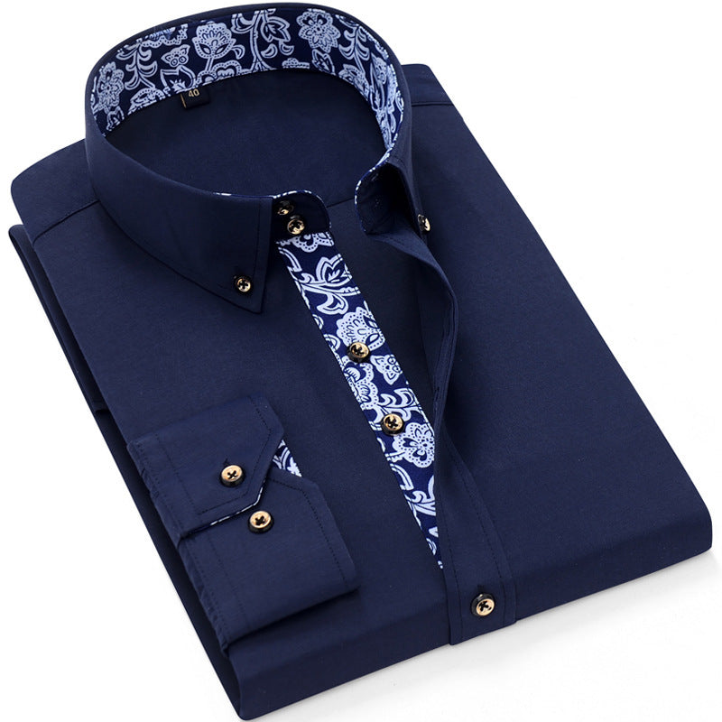 Blue And White Porcelain Collar Business Casual Long Sleeve Shirt Men