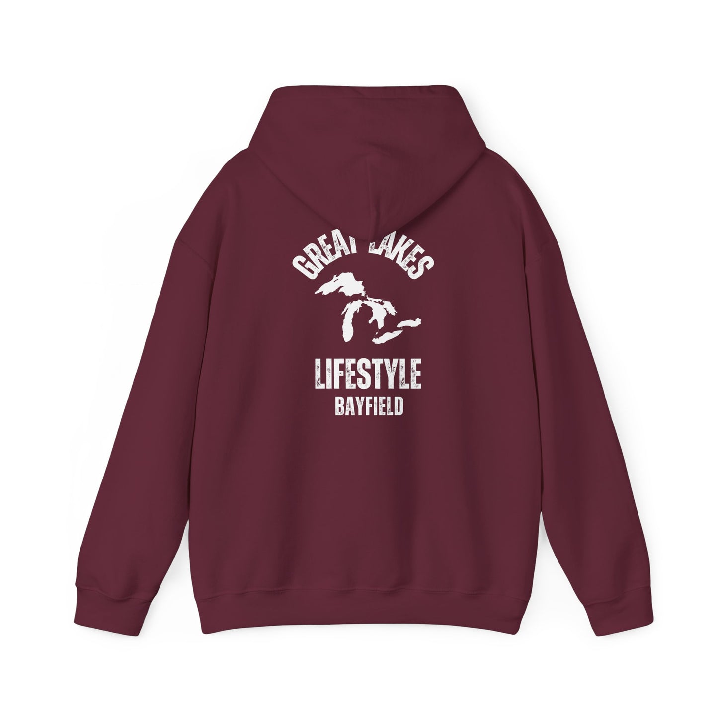 Great Lakes Lifestyle Hoodie, Design on Back, Bayfield