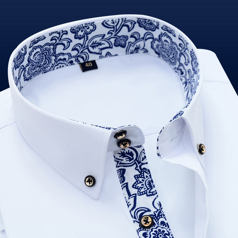 Blue And White Porcelain Collar Business Casual Long Sleeve Shirt Men