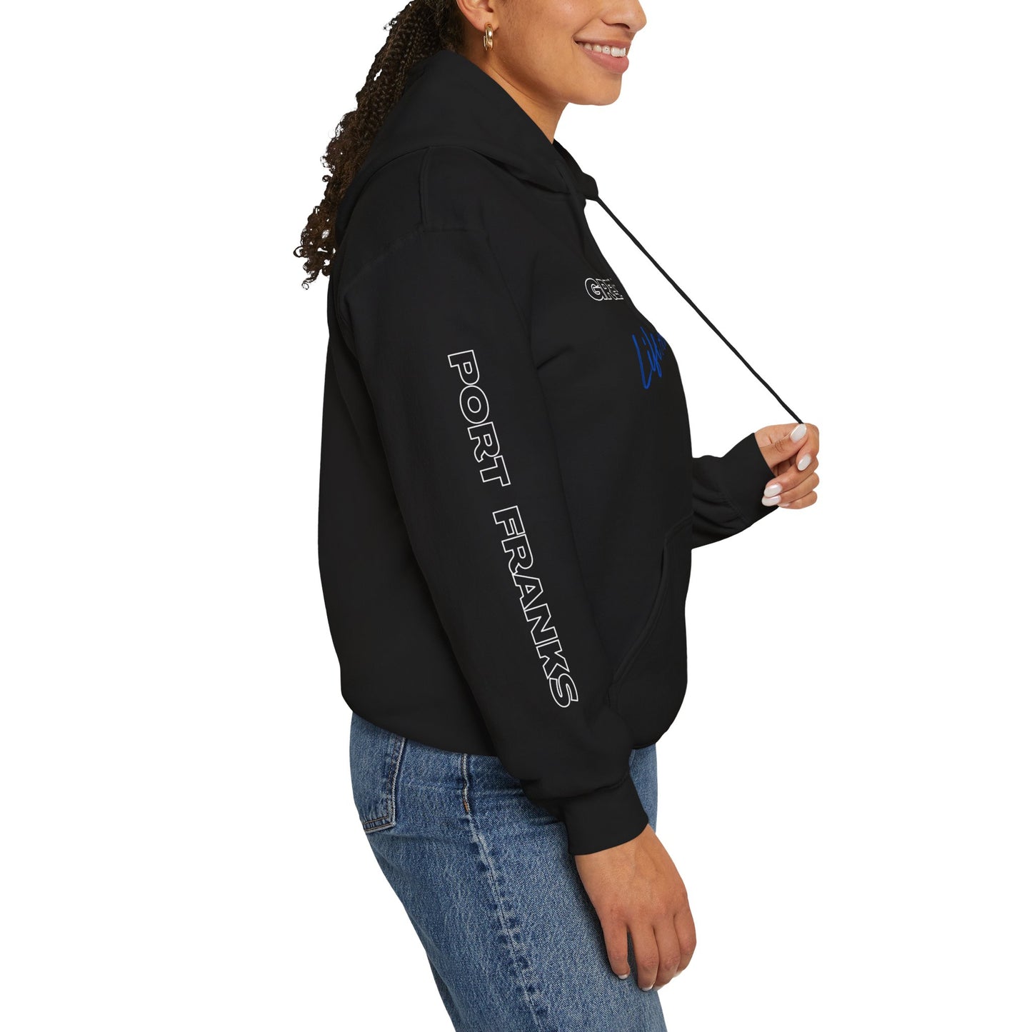 Great Lakes Lifestyle Hoodie, Anchor Design, Port Franks On Sleeve.