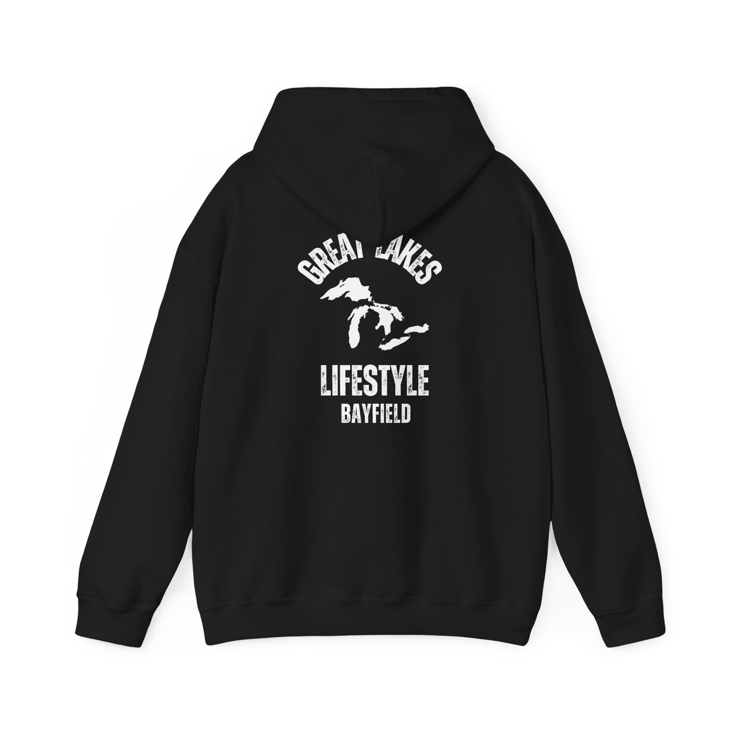 Great Lakes Lifestyle Hoodie, Design on Back, Bayfield
