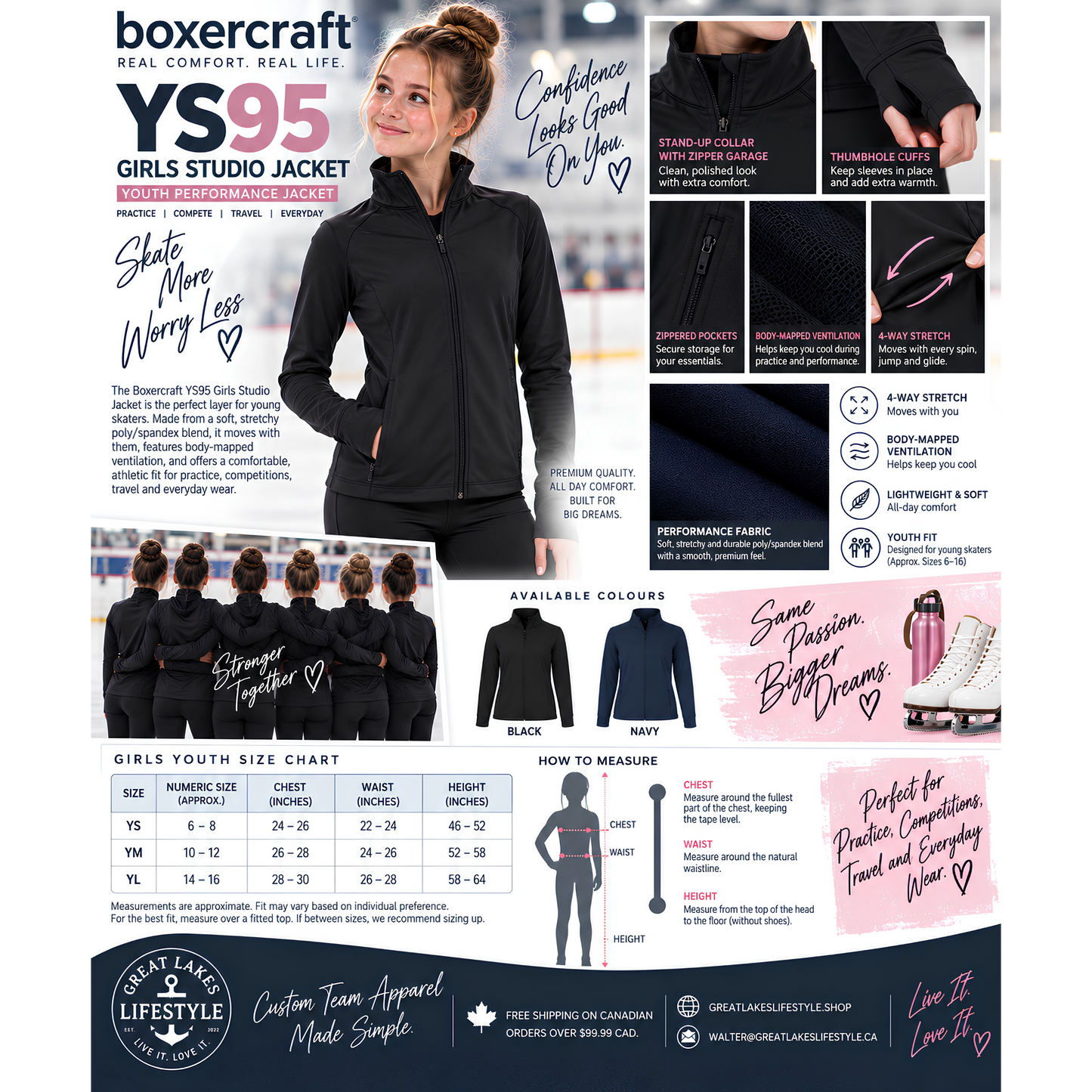 Boxercraft YS95 Girls Studio Jacket – Youth Figure Skating Team Performance Jacket