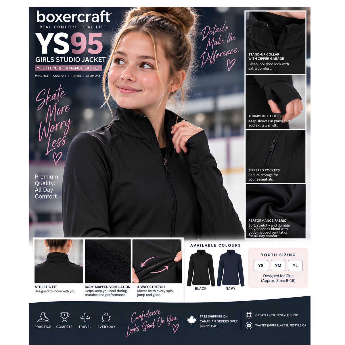 Boxercraft YS95 Girls Studio Jacket – Youth Figure Skating Team Performance Jacket