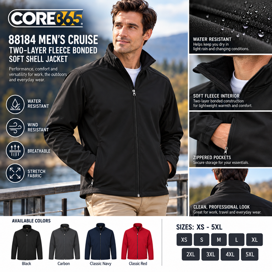 CORE365 88184 Men’s Cruise Two-Layer Fleece Bonded Soft Shell Jacket