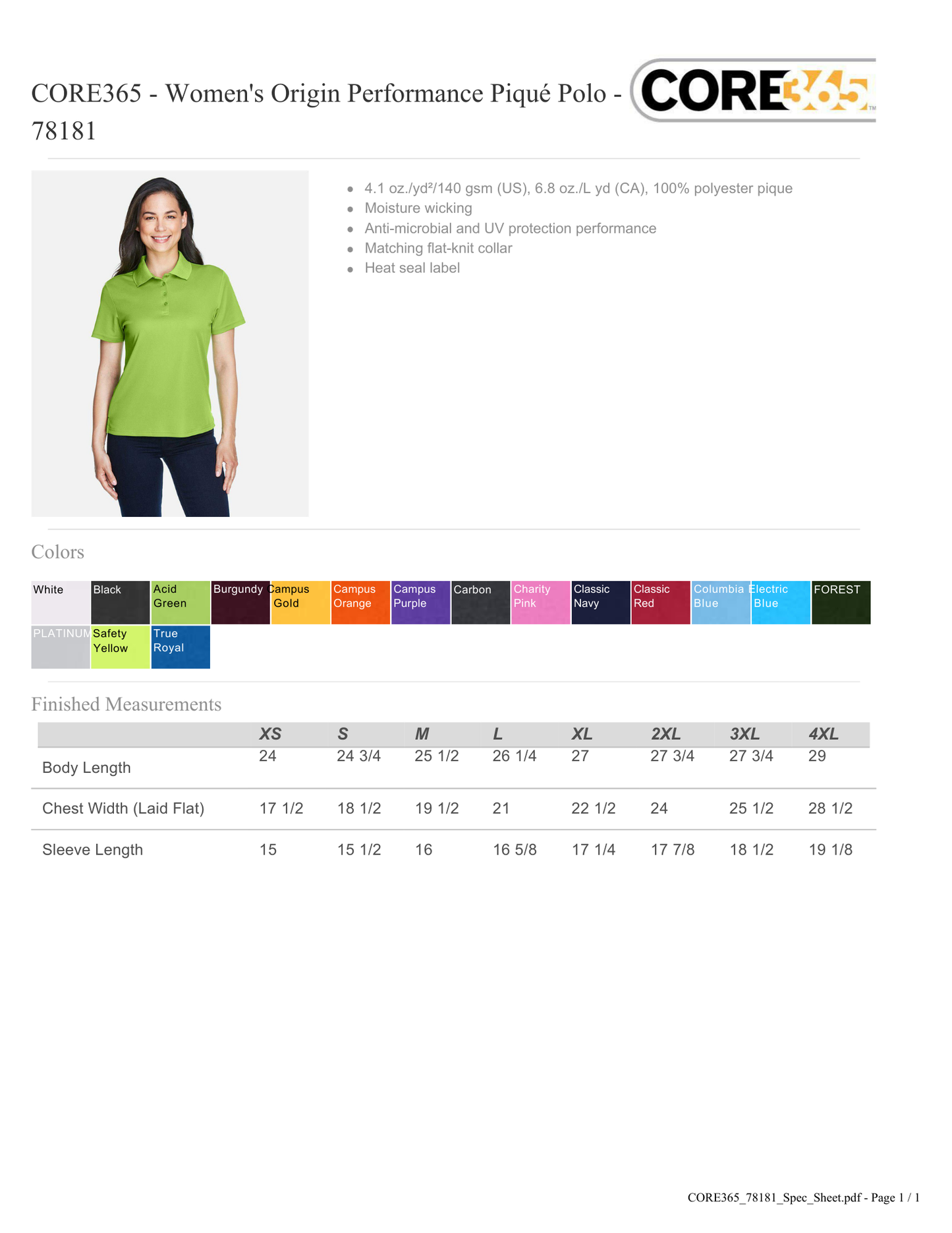 LADIES POLO CORE 365 78181
