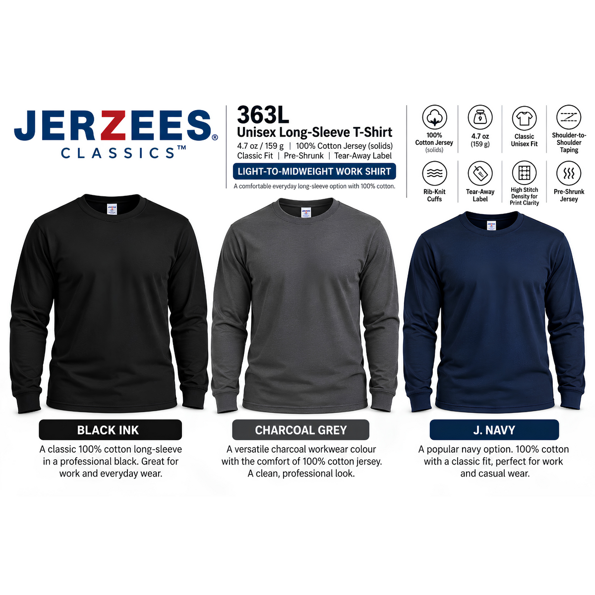 JERZEES Classics 363L – 100% Cotton Everyday Comfort Long-Sleeve T-Shirt