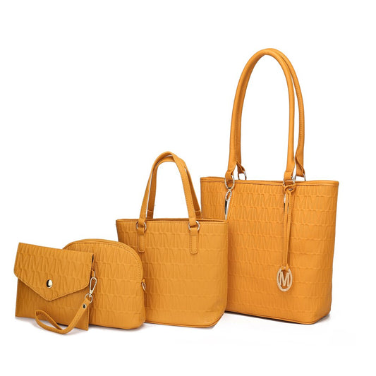 Vegan Leather Women'S Tote Bag, Small Tote Handbag, Pouch Purse & Wristlet Wallet Bag 4 Pcs Set by Mia K - Mustard